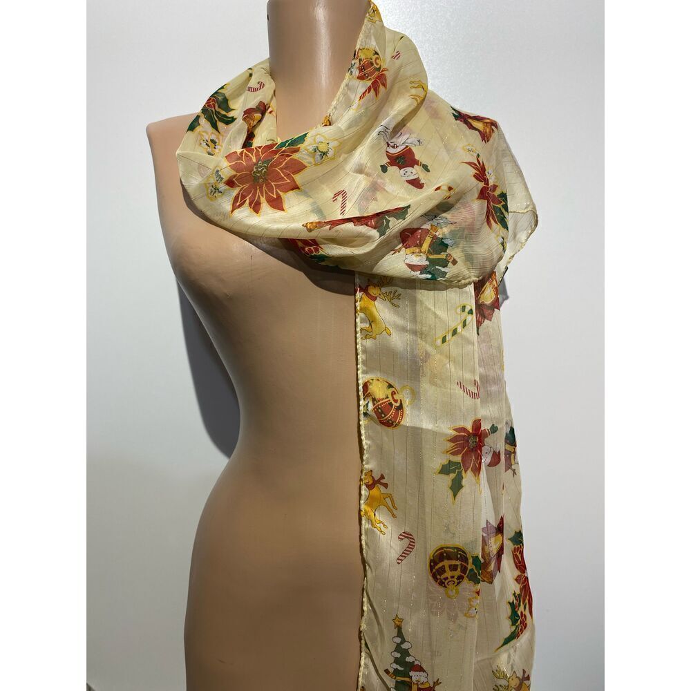 Cejon Women's Yellow Red Polyester Christmas Patterned Sheer Scarf Size 12x65